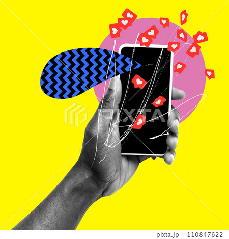 Human hand holding mobile phone with many social media likes appearing. Influence and popularity. Contemporary art collage. 110847622