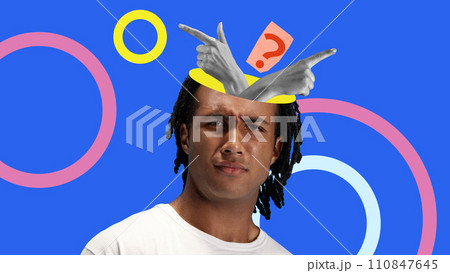 Diversity of choices. Young guy with uncertain emotions and hand showing different directions in head. Contemporary art collage. Diversity of choices. Young guy with uncertain emotions and hand showing different directions in head. Contemporary art collage. 110847645