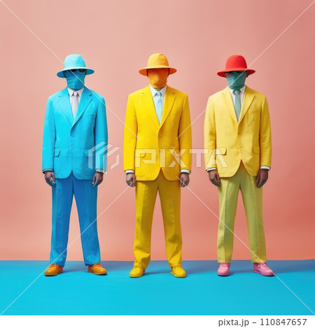 Anonymous men in colorful suits and colorful hats over pink background. Generative AI 110847657