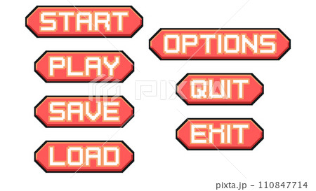 Menu interface buttons pixel art set. 8 bit graphical user interface elements. Game development, mobile app. Isolated vector illustration. 110847714