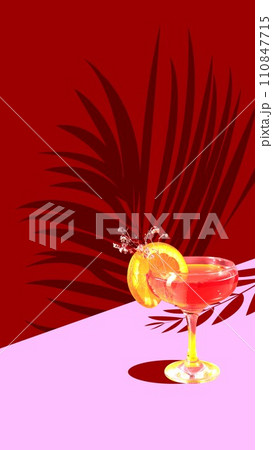 Contemporary art collage. Sex on beach. Exotics refreshing cocktail stands on pink bar counter and surrounded shadows of plants. Relax atmosphere. 110847715