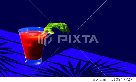 Contemporary art collage. Spicy and Refreshing. Classic Bloody Mary cocktail garnished with celery serving on blue bar counter with shadows of plants. 110847727
