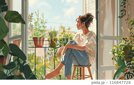 AI-generated content. a young girl seated on a chair 110847728