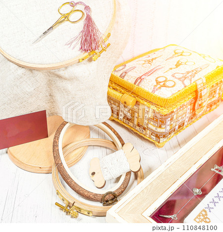 Accessories for hobby. Hoop snaps, scissors, threads, needles and scissors. Vintage tools for embroidery and knitting 110848100