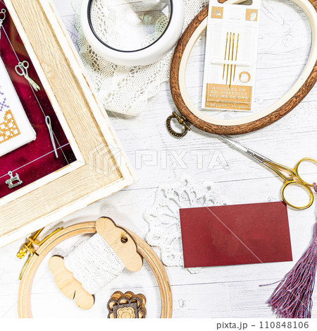 Accessories for hobby. Hoop snaps, scissors, threads, needles and scissors. Vintage tools for embroidery and knitting 110848106
