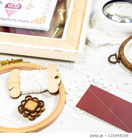 Accessories for hobby. Hoop snaps, scissors, threads, needles and scissors. Vintage tools for embroidery and knitting Accessories for hobby. Hoop snaps, scissors, threads, needles and scissors. Vintage tools for embroidery and knitting 110848108