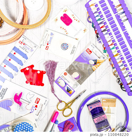 Accessories for hobbies. Needles, threads, hoops snaps, marker, stick for knitting and embroidery Accessories for hobbies. Needles, threads, hoops snaps, marker, stick for knitting and embroidery 110848220