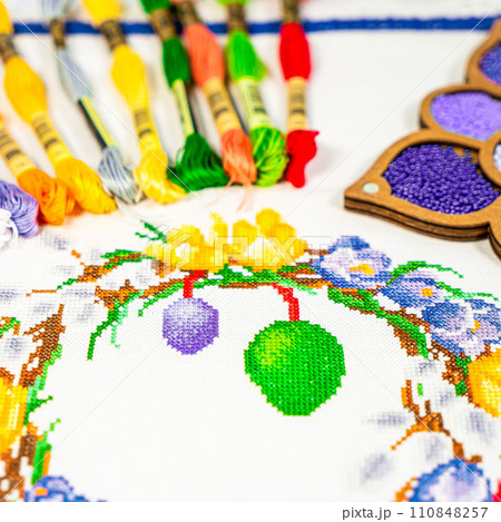 Palette of thread colors. Threads for embroidery knitting 110848257