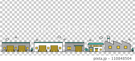 Illustration F of a simple line drawing of a cityscape in an industrial area with many factories 110848504