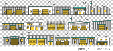 Illustration set B of a simple line drawing of a cityscape in an industrial area with many factories 110848505