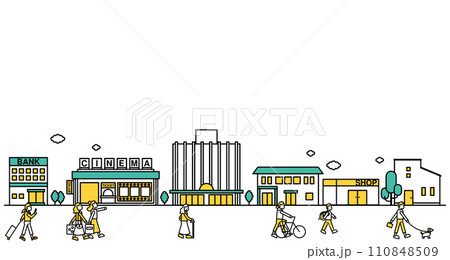 映画館や百貨店が近くにある商業地域な街並みのシンプルな線画のイラストC（人物） 110848509