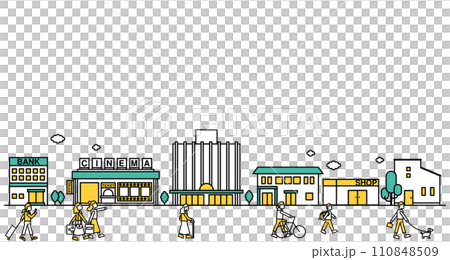 映画館や百貨店が近くにある商業地域な街並みのシンプルな線画のイラストC（人物） 110848509