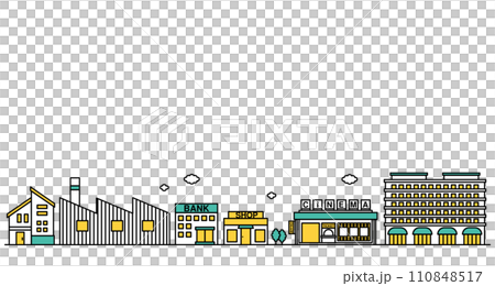 附近有電影院和百貨公司的商業區的簡單線條畫插圖。 110848517