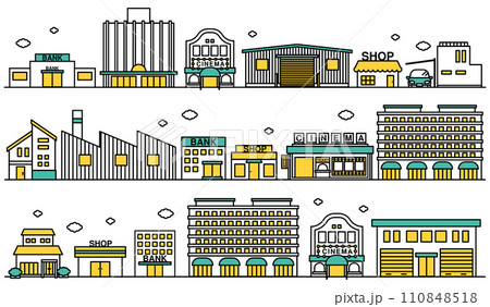 映画館や百貨店が近くにある商業地域な街並みのシンプルな線画のイラストセットB 110848518