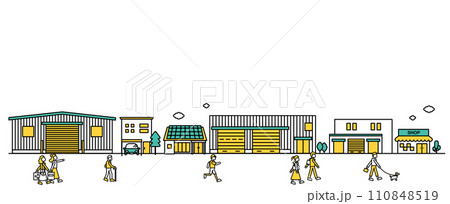 店舗や小規模な工場が近くにある街並みのシンプルな線画のイラストA（人物） 110848519