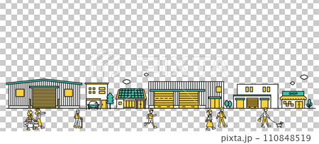 店舗や小規模な工場が近くにある街並みのシンプルな線画のイラストA（人物） 110848519