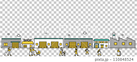 Illustration F (person) of a simple line drawing of a cityscape with stores and small factories nearby Illustration F (person) of a simple line drawing of a cityscape with stores and small factories nearby 110848524