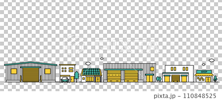 Illustration A of a simple line drawing of a cityscape with stores and small factories nearby 110848525
