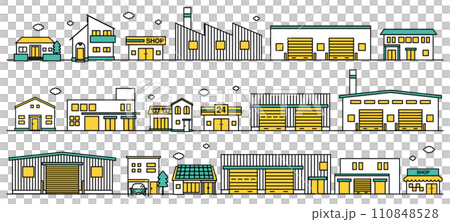 店舗や小規模な工場が近くにある街並みのシンプルな線画のイラストセットA 110848528