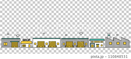 圖 F 是附近有商店和小工廠的城市景觀的簡單線條圖 110848531