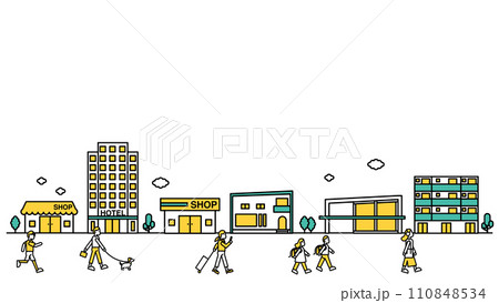 店舗やホテルが近くにある街並みのシンプルな線画のイラストB（人物） 110848534
