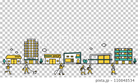 店舗やホテルが近くにある街並みのシンプルな線画のイラストB（人物） 110848534