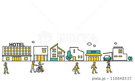 店舗やホテルが近くにある街並みのシンプルな線画のイラストD（人物） 110848537
