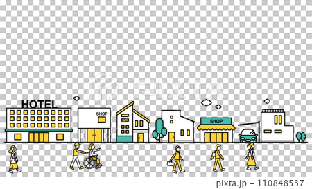 店舗やホテルが近くにある街並みのシンプルな線画のイラストD（人物） 110848537