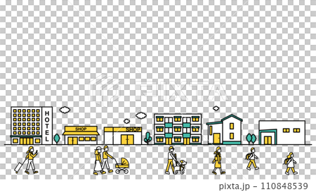 Illustration F (person) of a simple line drawing of a cityscape with stores and hotels nearby 110848539