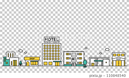 店舗やホテルが近くにある街並みのシンプルな線画のイラストA 110848540