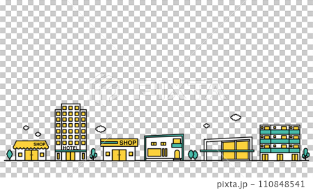 店舗やホテルが近くにある街並みのシンプルな線画のイラストB 110848541