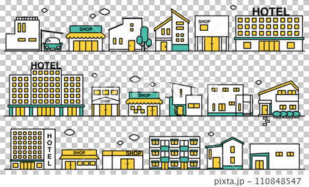 Illustration set B of a simple line drawing of a cityscape with stores and hotels nearby Illustration set B of a simple line drawing of a cityscape with stores and hotels nearby 110848547