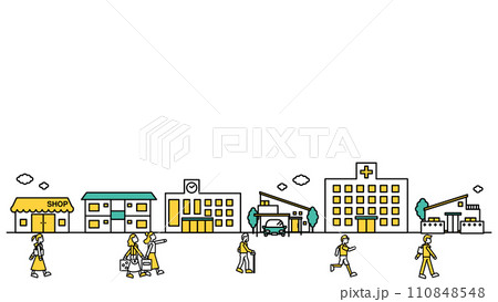 病院や大学が近くにある街並みのシンプルな線画のイラストA（人物） 110848548