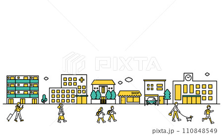 病院や大学が近くにある街並みのシンプルな線画のイラストB（人物） 110848549