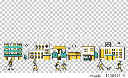 病院や大学が近くにある街並みのシンプルな線画のイラストB（人物） 110848549