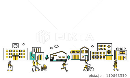 病院や大学が近くにある街並みのシンプルな線画のイラストC（人物） 110848550