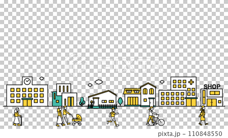 病院や大学が近くにある街並みのシンプルな線画のイラストC（人物） 110848550
