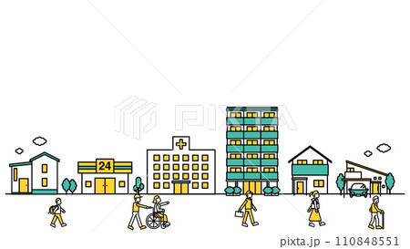 病院や大学が近くにある街並みのシンプルな線画のイラストD（人物） 110848551