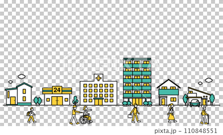 病院や大学が近くにある街並みのシンプルな線画のイラストD（人物） 110848551