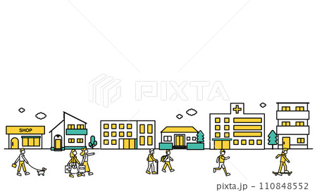 病院や大学が近くにある街並みのシンプルな線画のイラストE（人物） 110848552