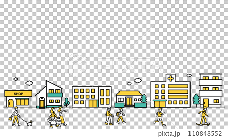 病院や大学が近くにある街並みのシンプルな線画のイラストE（人物） 110848552