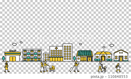 病院や大学が近くにある街並みのシンプルな線画のイラストF（人物） 110848553