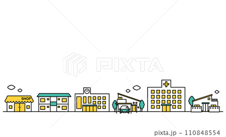 病院や大学が近くにある街並みのシンプルな線画のイラストA 110848554