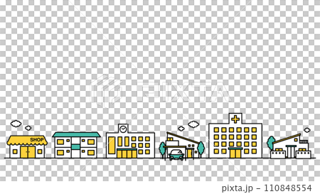 病院や大学が近くにある街並みのシンプルな線画のイラストA 110848554