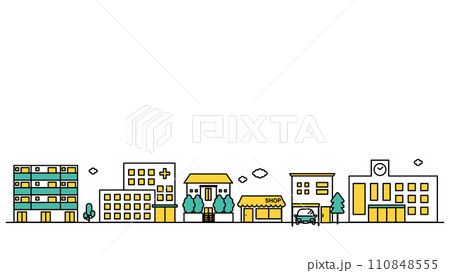 病院や大学が近くにある街並みのシンプルな線画のイラストB 110848555