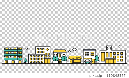 病院や大学が近くにある街並みのシンプルな線画のイラストB 110848555