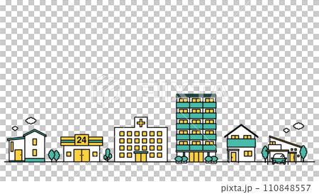 插圖 D 是附近有醫院和大學的城市景觀的簡單線條圖 110848557