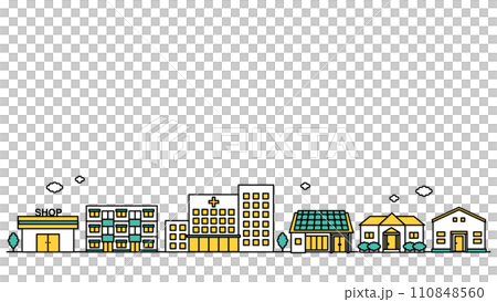 病院や大学が近くにある街並みのシンプルな線画のイラストF 110848560