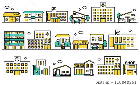 病院や大学が近くにある街並みのシンプルな線画のイラストセットA 110848561