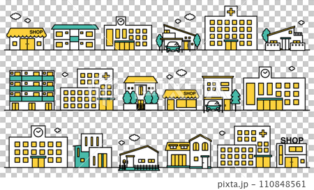 病院や大学が近くにある街並みのシンプルな線画のイラストセットA 110848561